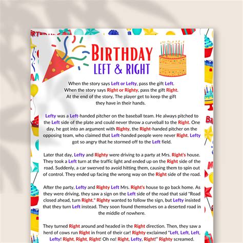 free printable left right birthday game